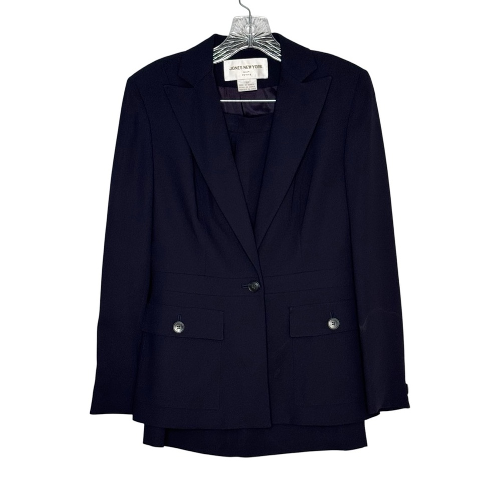 Jones NY Size 6 Petite Blue Polyester Blazer Skirt Suit